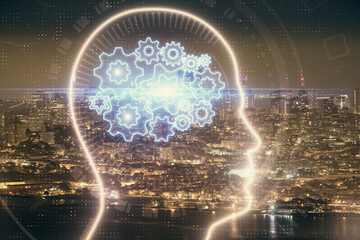 Brain hologram drawing on city scape background Double exposure. Brainstorming concept.