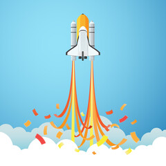 Paper art style of origami space shuttle launch to the sky through the clouds, Start up business concept