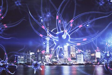 Fototapeta na wymiar Double exposure of neuron drawing icon and cityscape background. Concept of education.
