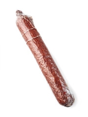 food photography of sausage in clean transparent plastic cling film pack side view on a white background isolated with clipping path close up 