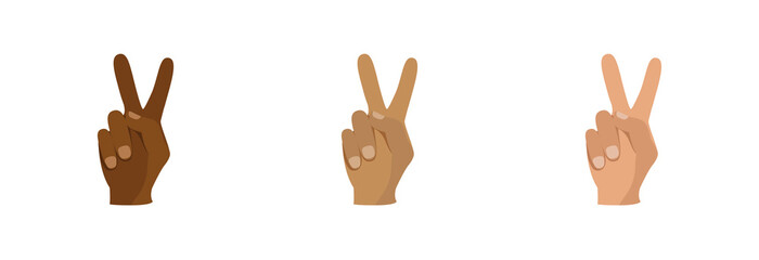 Hands of different nationalities show a symbol of peace.