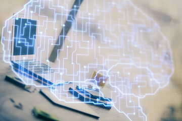 Double exposure of desktop with computer and brain drawing hologram. Artificial intelligence concept.