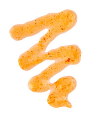 Orange thick jam drizzle, isolated on white background. Mandarin marmalade, Sea buckthorn jam, topping drops. Top view.