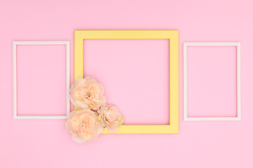 Fototapeta na wymiar Decorative wooden photo frame on pink background 