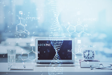 Desktop computer background and DNA drawing. Double exposure. Science concept.
