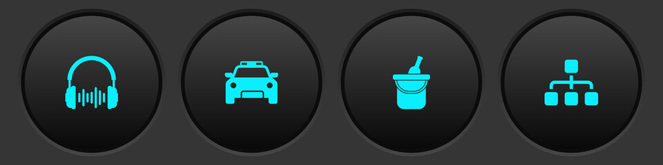 Set Headphone and sound waves, Police car flasher, Bottle of wine in bucket and Hierarchy organogram chart icon. Vector. © vector_v