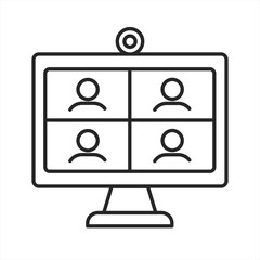 Computer monitor screen icon with group of people making online videoconference. Online meeting via group call. Webcam. Conversation in zoom room. Vector thin line illustration. Editable stroke.