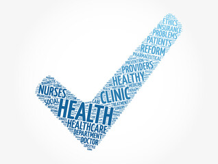 Health check mark word cloud collage, concept background