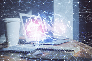 Multi exposure of work space with computer and human brain hologram. Brainstorm concept.