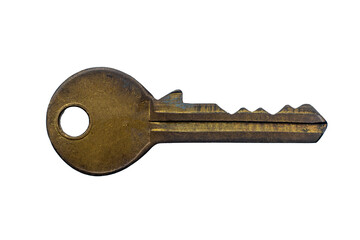 antique golden door key isolated on white background.  close up