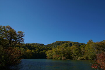 Mountain Lake in Early Autumn Sunlight, Nagano, Japan