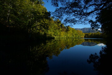 Mountain Lake in Early Autumn Sunlight, Nagano, Japan