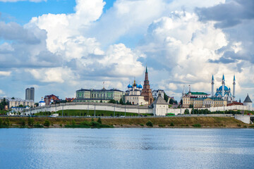 Fototapeta premium Panorama of Kremlin & its buildings, Kazan, Russia. River on front is Kazanka. Also there is transport dam, that connecting eastern & western parts of city