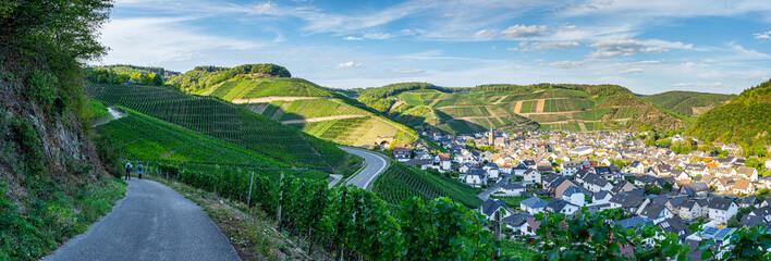 Aerial view of the Ahr valley on a sunny summer day on the red wine hiking trail