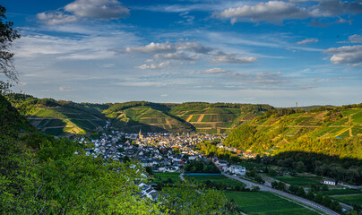 Aerial view of the Ahr valley on a sunny summer day on the red wine hiking trail