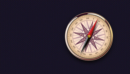 Fototapeta na wymiar Vintage gold compass on black background with copy space, vector illustration.