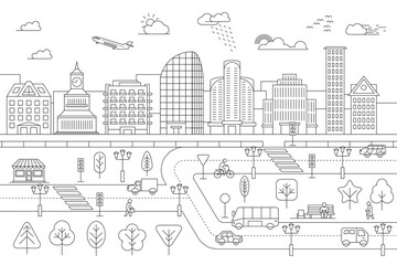 Obraz premium Linear landscape of a city street with buildings, roads, trees, transport and architectural elements. Minimal flat line outline stroke icon illustration.