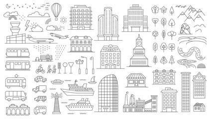 Vector collection of linear icons and illustrations with buildings, houses and architecture signs - design elements for city illustration or map. Transport, buildings, nature.