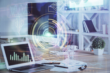 Multi exposure of computer on background and technology theme drawing. Concept of innovation.