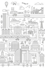 Linear landscape of a city street with buildings, roads, trees, transport and architectural elements. Minimal flat line outline stroke icon illustration.