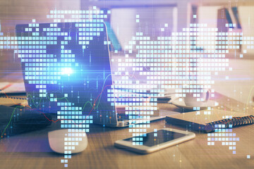 Multi exposure of business theme icons and table with computer background. Concept of success.