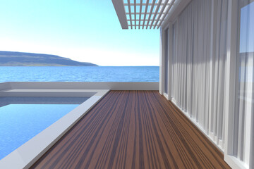 Naklejka na ściany i meble luxury beach house with sea view swimming pool, empty wood terrace, 3D rendering