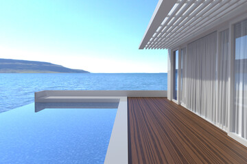luxury beach house with sea view swimming pool, empty wood terrace, 3D rendering