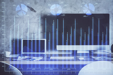 Multi exposure of chart and financial info and work space with computer background. Concept of...