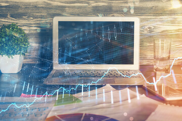 Multi exposure of forex chart and work space with computer. Concept of international online trading.