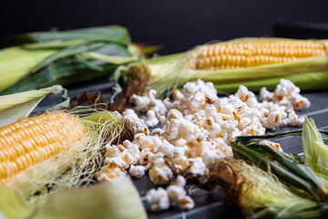 ears of fresh corn and popcorn. close-up. ripe corn