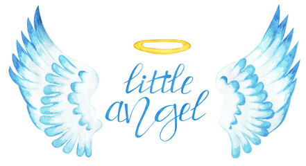 Text little angel with wings and a halo in blue tones. Valentine's Day. Isolated on white background. Drawn by hand.