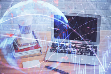 Multi exposure of forex graph and work space with computer. Concept of international online trading.