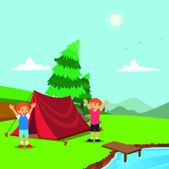 Obraz na płótnie Canvas Children camping near the lake with tent