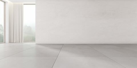 3d render of empty room with tile floor and large plain concrete wall on nature background.