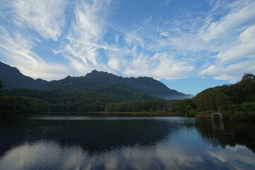 Fototapeta premium beautiful landscape view of mountain, lake, and trees