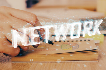 Writing human hands with data theme multi exposure icons.