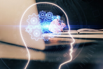 Brain multi exposure icon with man hands background.