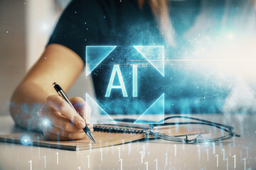 Multi exposure of woman's writing hand on background with data technology hud. Concept of...