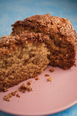 Slices of homemade sponge cake with cinnamon and sesame.