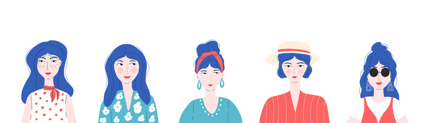 Set of portraits of various young stylish women. Girls with different hairstyle, clothes and accessories. Bundle of modern female avatars. Flat cartoon vector illustration. 