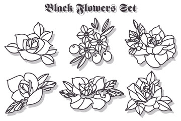 Line Art Floral Set Tattoo Art Style Hand Drawn Sketches 