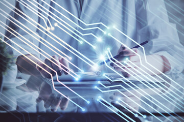 Multi exposure of hands making notes with digital coding icons. Computer learning concept.