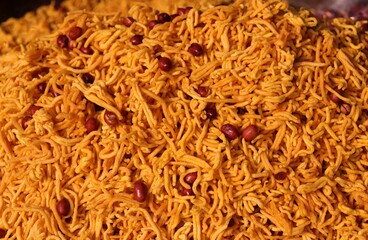 Crispy Aloo Bhujia Sev Namkeen in an Indian Rural Fair for Selling