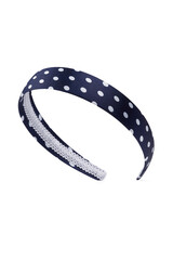 Subject shot of blue silk headband with white polka-dot pattern. The hair holder is isolated on the white background.