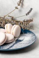 pasta and powdered sugar silhouette of a fork on a plate and dry lavender, on a gray concrete background, vertical position