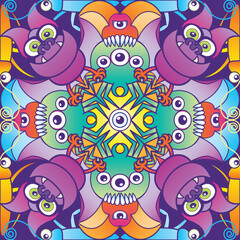 Tile design composed by spooky bats, creepy spiders, disgusting cockroaches, monsters and lots of eyes. They form a symmetrical pattern design following four different axes