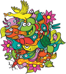 Group of funny and multicolor creatures living in a pond. Flowers, plants, frogs, ducks, insects, lizards, snails, fishes, crabs and other weird creatures compose this vivid and joyful design