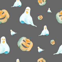 Seamless pattern with pumpkins and ghosts. Watercolor Halloween pattern on a gray background