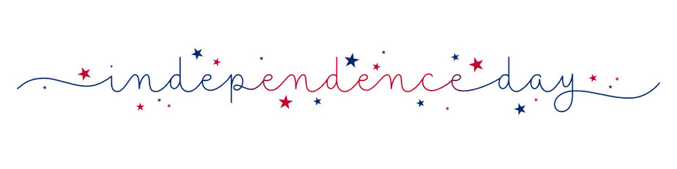 INDEPENDENCE DAY red and blue vector monoline calligraphy banner with stars
