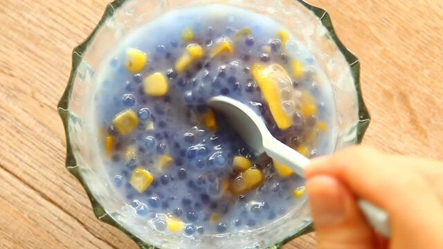 Sago with corn in coconut milk , Thai famous dessert.               
